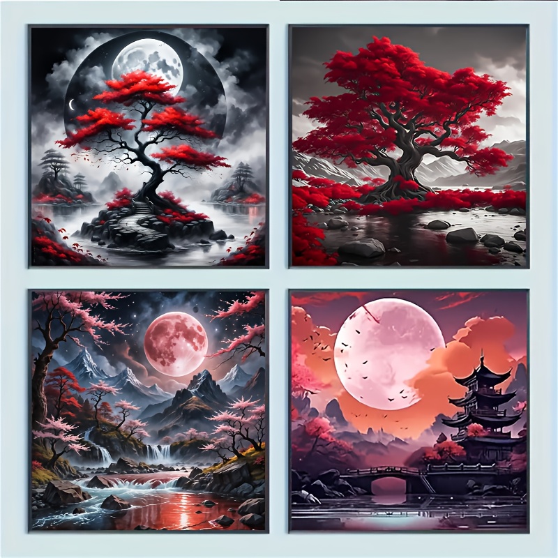 Image of 4pcs Landscape Diamond Painting Set - 20x20cm Diy Full Diamond Round Acrylic Diamond, Design -craft, Ideal For Hanging And Art
