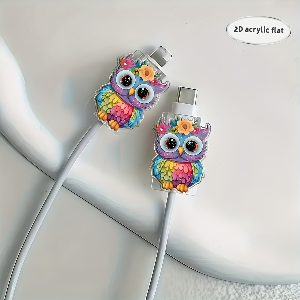 TEMU 2d Flat 2pcs Colorful Owl Data Cable Protectors, Damage-resistant, Type-c Phone Cable Protectors, Attractive And Durable