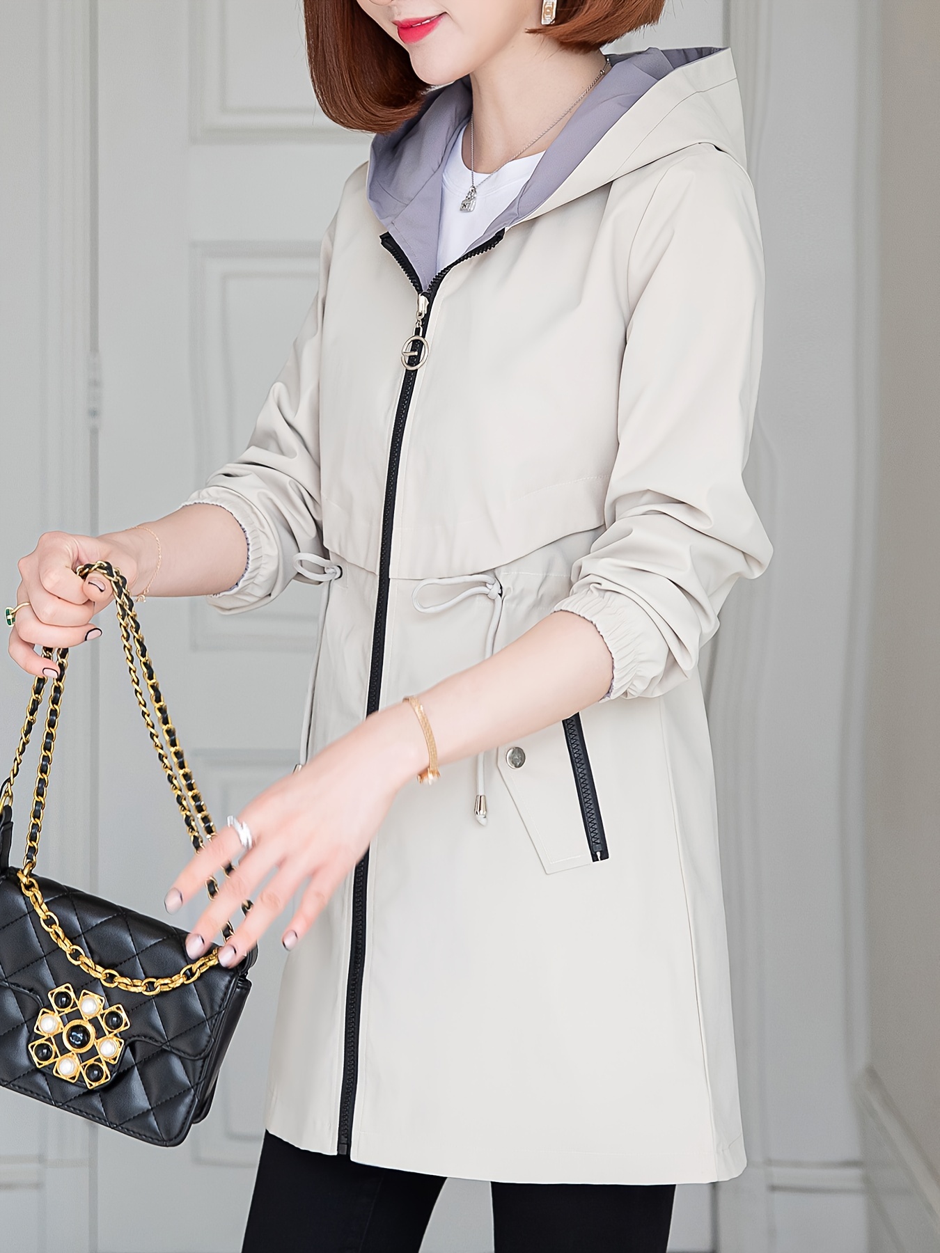 Chaqueta casual de inspiración coreana para mujer, doble cara, midi, con cintura ajustable, cierre de cremallera y forro de contraste, color sólido, abrigo para primavera/otoño, chaqueta rompevientos, atuendo casual, estilo de moda coreana, diseño de cintura entallada