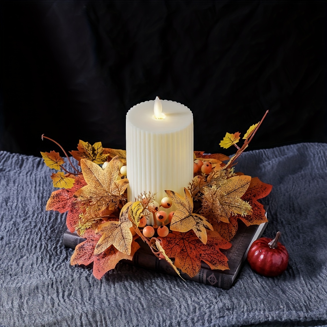 

Rustic Candle Holder With Faux Wreath, Plastic Tabletop Decor For & Thanksgiving Parties, No Feather, Battery Operated