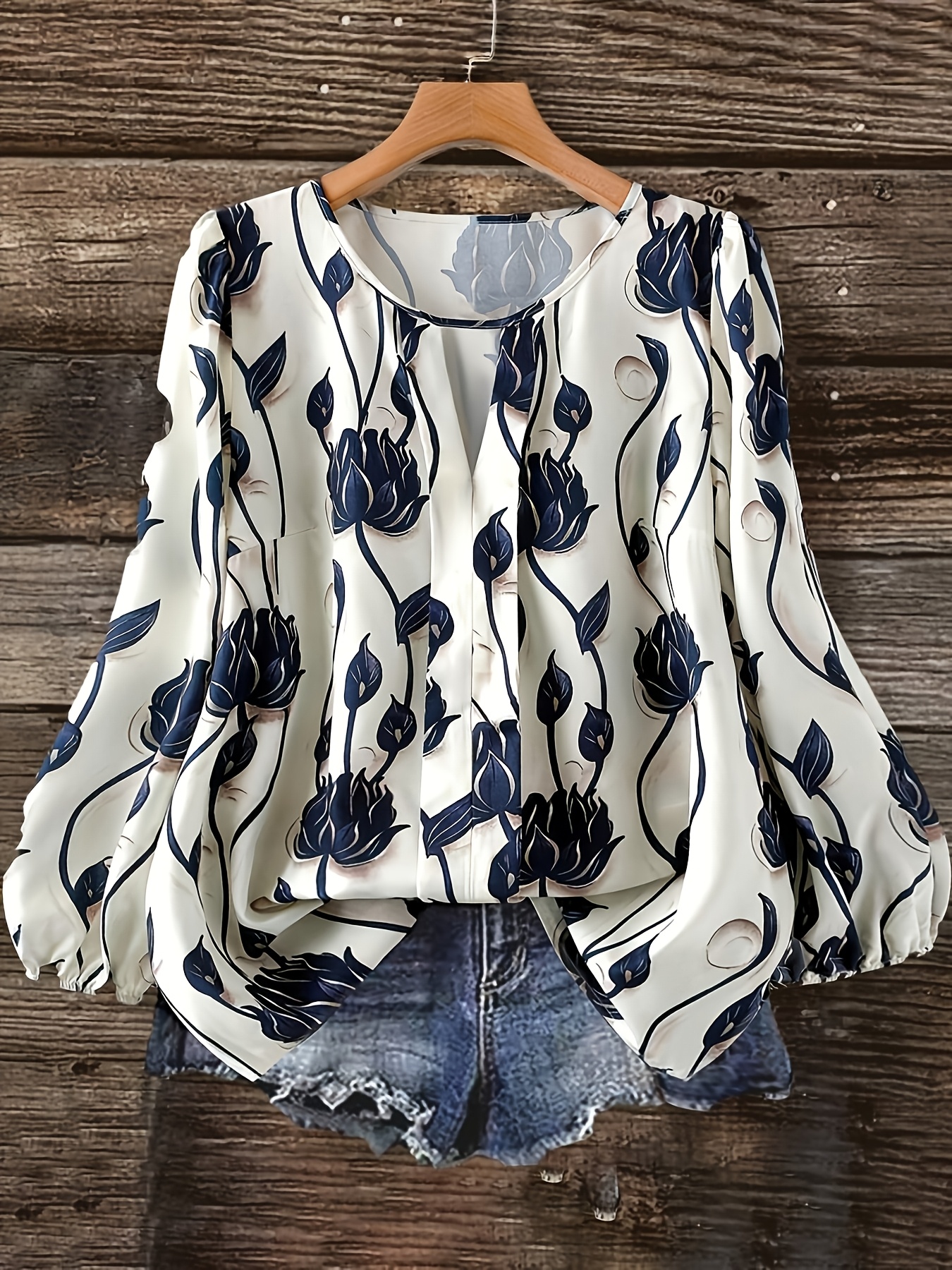floral print round neck long sleeve shirt