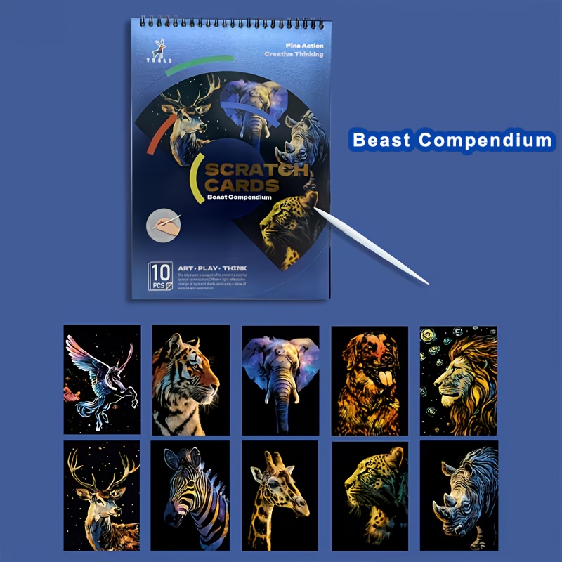 E-shop 10 Bögen/Set, Tier-Themen-Kratzmalerei-Set, A4-Größe, mit . Dual--Kratzstift, Enthält 10 Stk. verschiedene Muster-Kratzmalereien (Löwe, Tiger,
