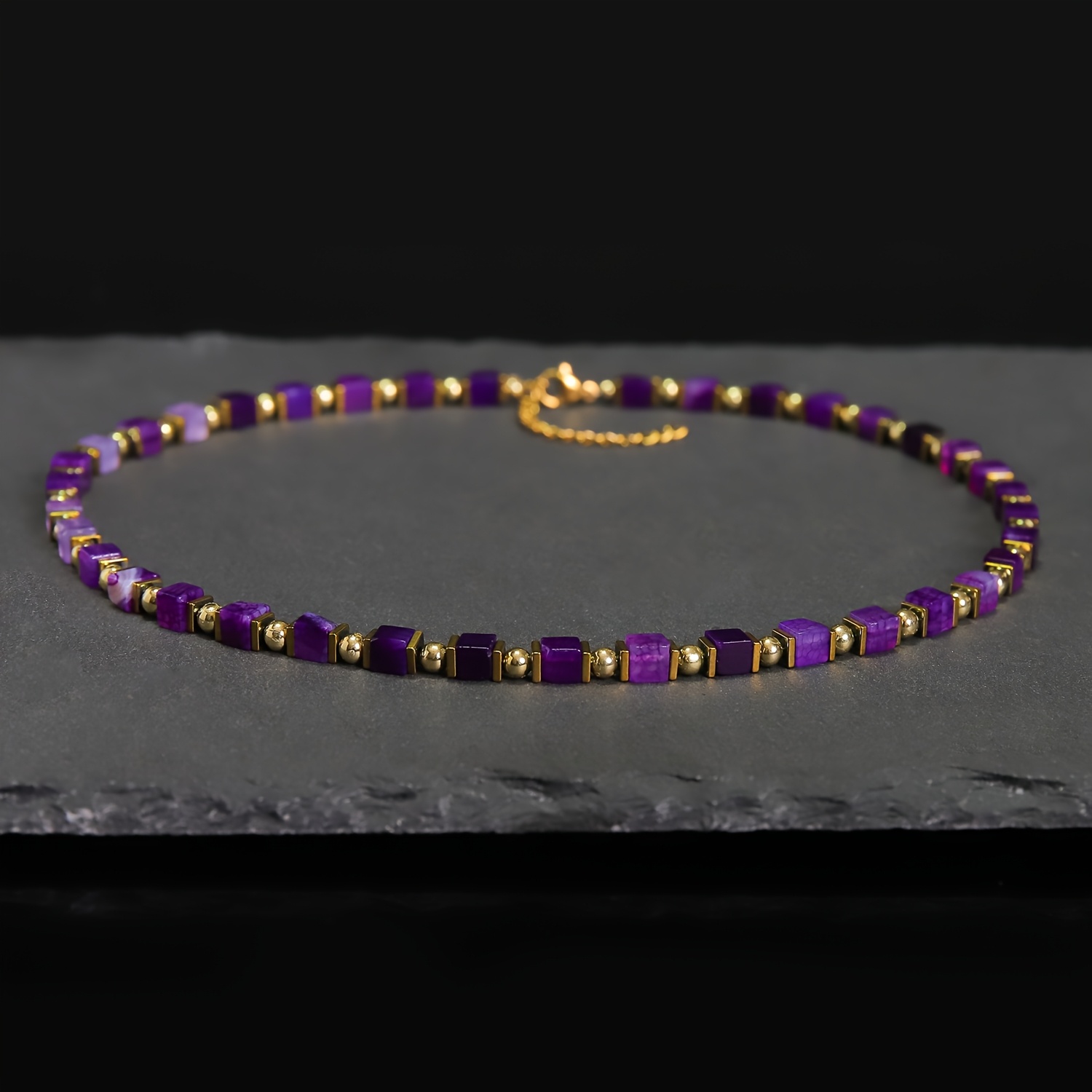 Hand-Strung Square Agate Beaded Necklace with Golden-Tone Accents