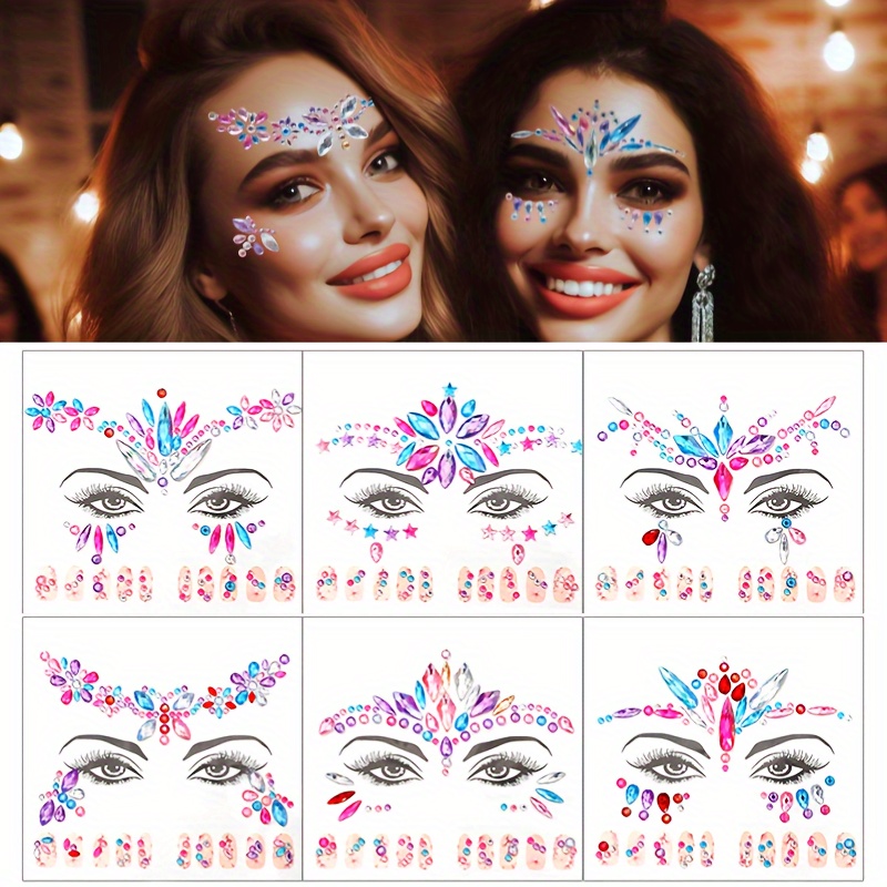 

6-pack Festive Acrylic Gem Face Stickers & Nail Art Tips, Multicolor Self-adhesive Glitter Decals For Party, Rave, Carnival, Christmas & Celebrations, Fashionable Diy Makeup Accessories For Girls