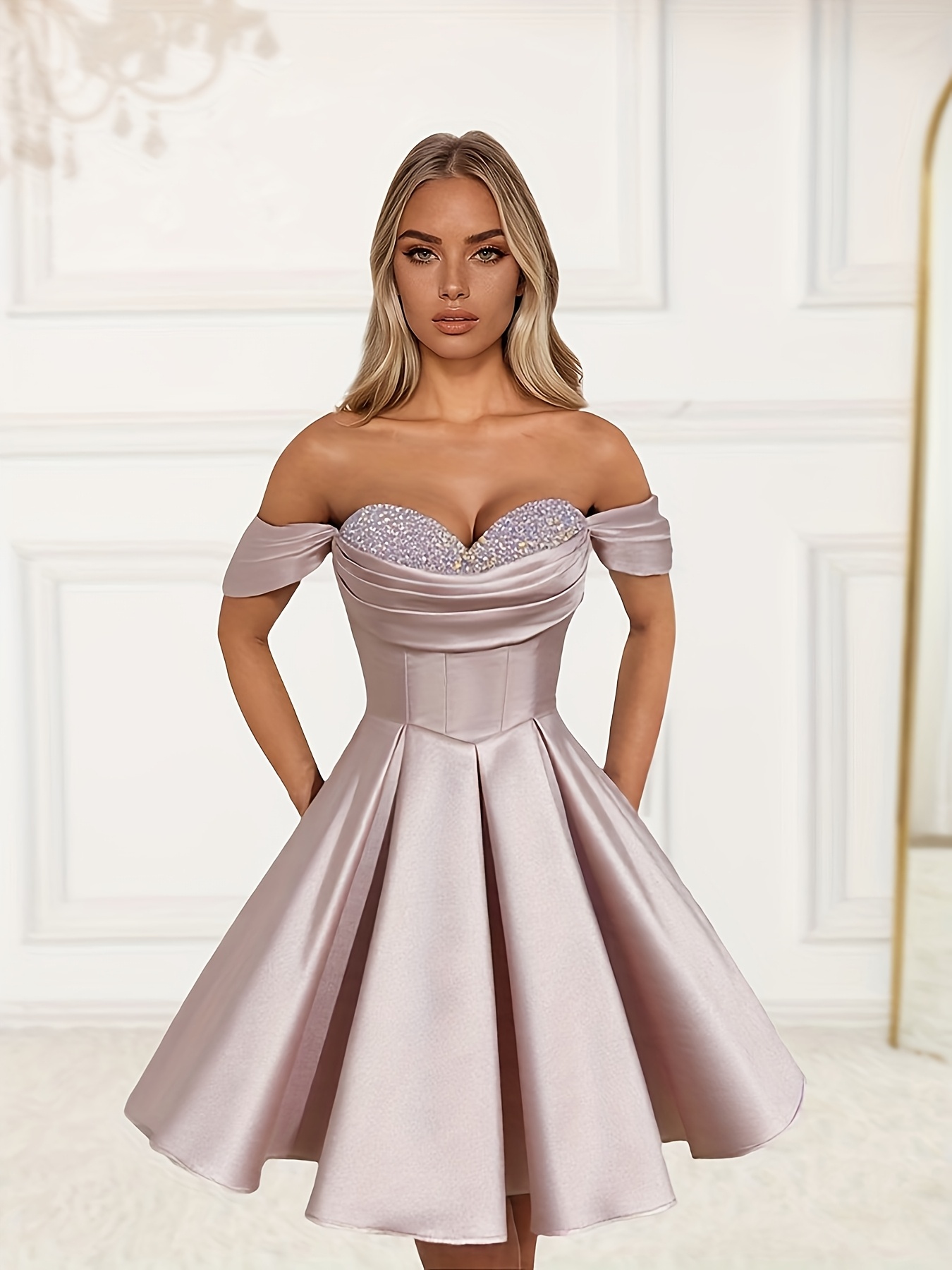 elegant dress sexy strapless short dress light pink pleated Temu