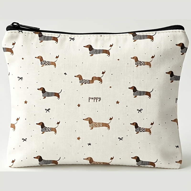 TEMU Neceser de maquillaje con estampado 2D de perro salchicha, capacidad con cremallera | Para cuidado de la piel/maquillaje/artículos de | Versátil