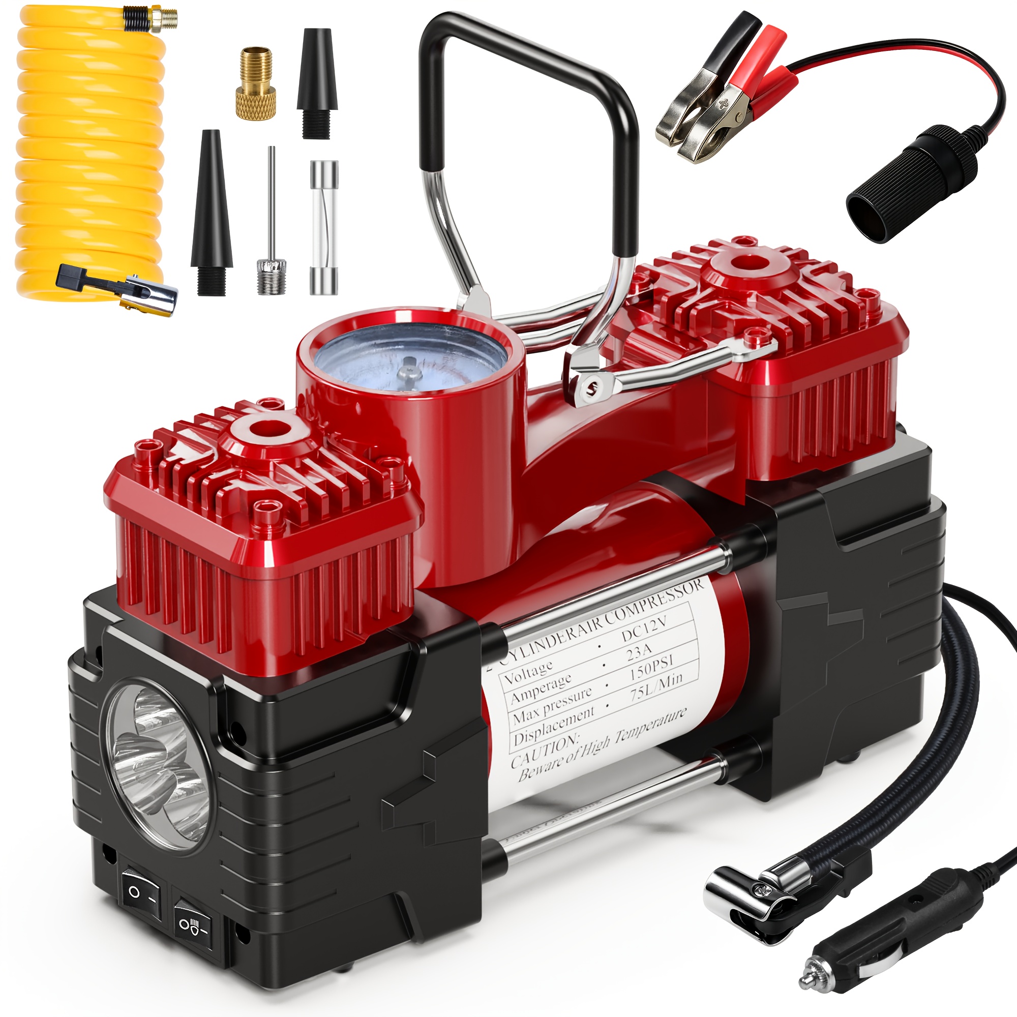 Image of Meshuba Red Tire Inflator Heavy Duty Double Cylinders, Portable Metal 12v Air Compressor - Car Additions, 150psi Tire Pump With Adapter For Car, Truck, Suv Tires, , Air Bed Etc, Without Battery