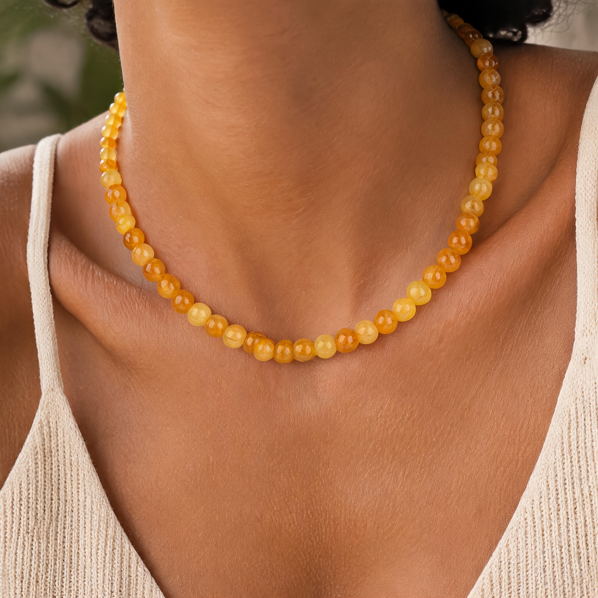 TEMU Citrine Necklace Natural Stone Round Bead Necklace Women's Yellow Bead Necklace Casual Wear Wealth Money