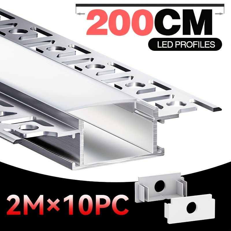 TEMU Guida per LED in alluminio da 200CM, copertura per supporto, clip di montaggio, per LED, barra luminosa, lampada per armadietto (senza striscia