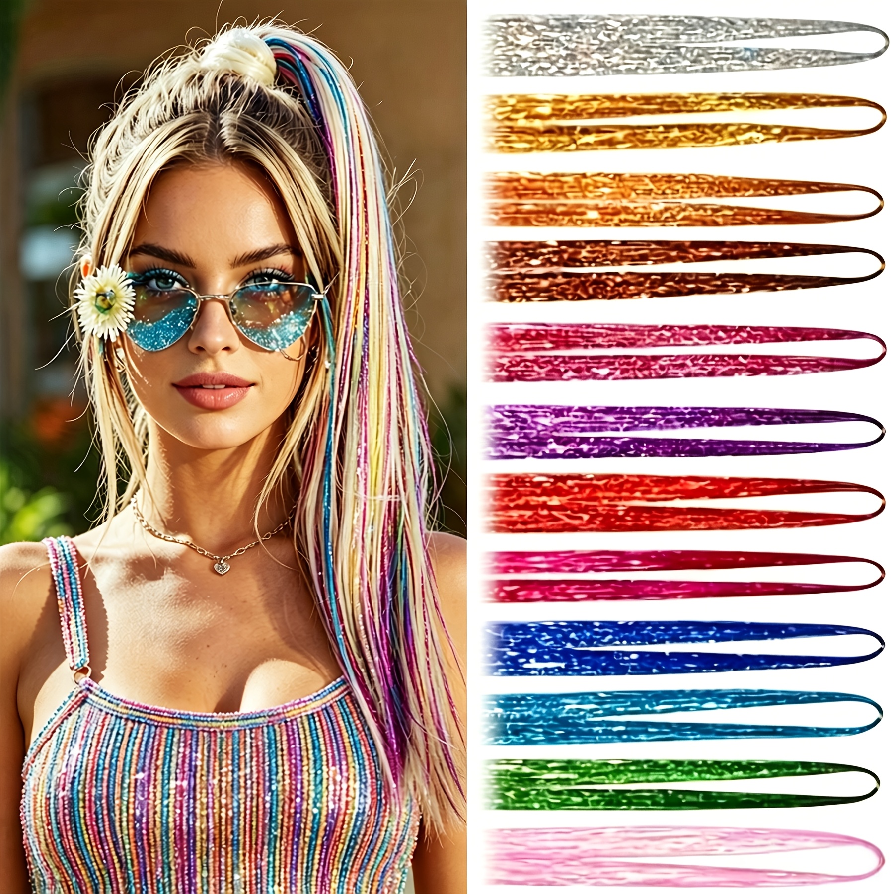 Image of 2000 Strands Of Shiny Tinsel Hair Extensions In 12 Colors, Perfect For A To Women's Hair For Christmas, New Year, Or Cosplay Parties