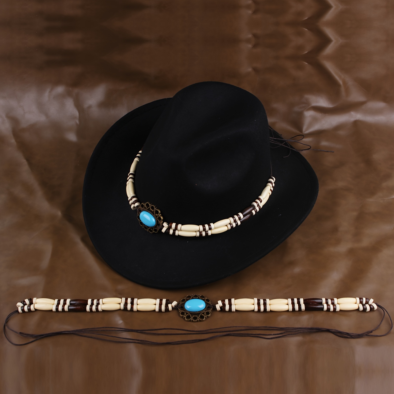 

Handcrafted Vintage-inspired Hatband With Wooden Beads & Synthetic Turquoise, Polyester Drawstring, Fits Hats For Celebration - Weave , Non-elastic, , Featherless - Western/cowboy Hat Accessory