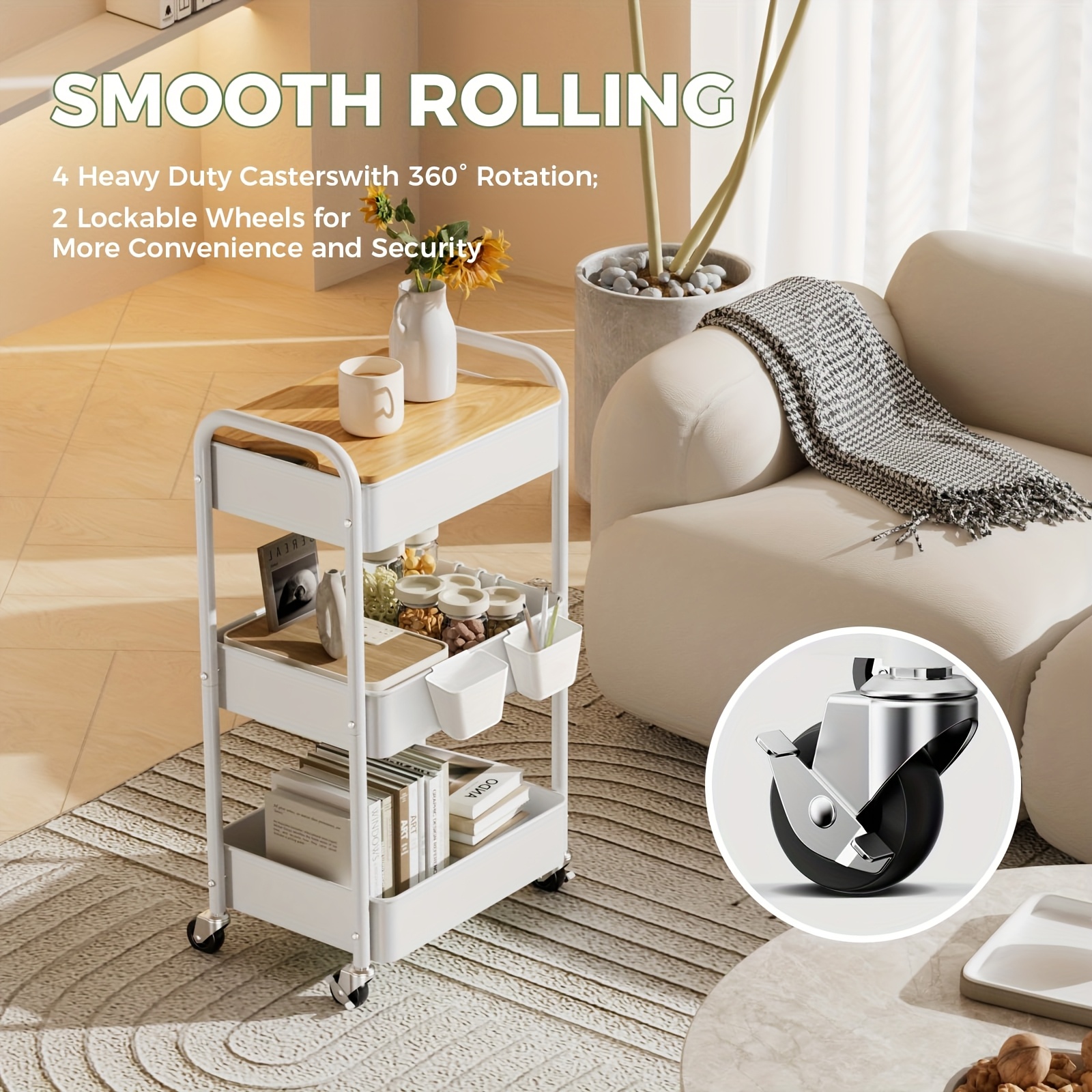 TEMU Three-tier Metal Rolling Cart With Wooden Tabletop, Detachable Storage Rack, Portable Wheels, And Durable . Includes Hooks And Storage Box.