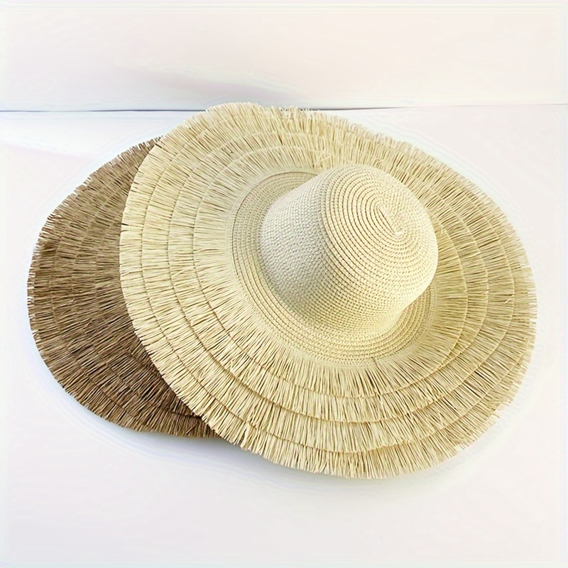Hem Tassel Sun Hats Elegant Wide Brim Solid Color Straw Hats Trendy Floppy Travel Beach Hats for Women Girls Summer Outdoor,SUN/UV Protection,Temu