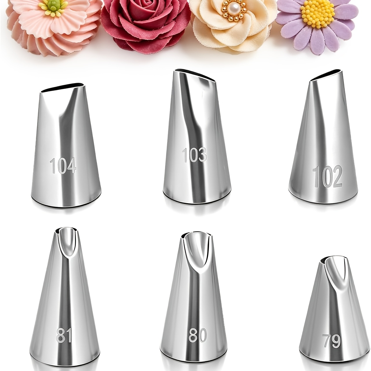 TEMU Set de 6 douilles à pétales de fleurs, 79 80 81 102 103 104, douilles à glaçage, douilles à décorer, en acier inoxydable, outils de pâtisserie