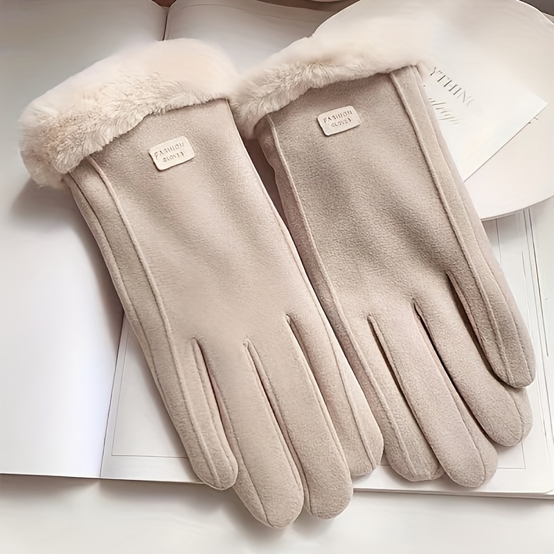 Cozy Plush-Lined Women's Winter Gloves with Letter Patches - Warm, Windproof & Touchscreen Compatible for Cycling and Outdoor Activities details 3