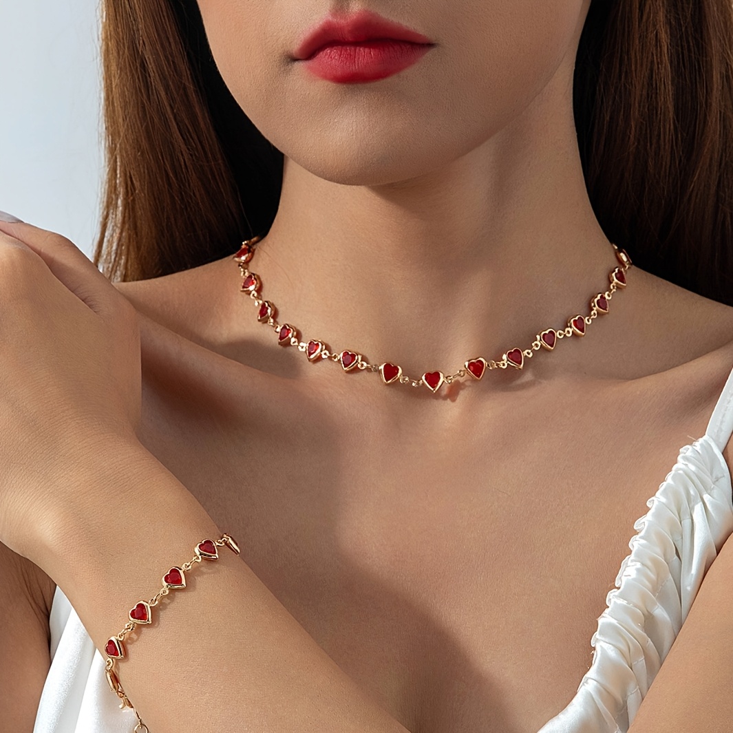 TEMU 1pc Bracelet + 1pc Necklace Elegant Fashion Heart Pendant Jewelry Set Peach Heart Bead Jewelry Set Suitable For Women's Banquet Party Gift For