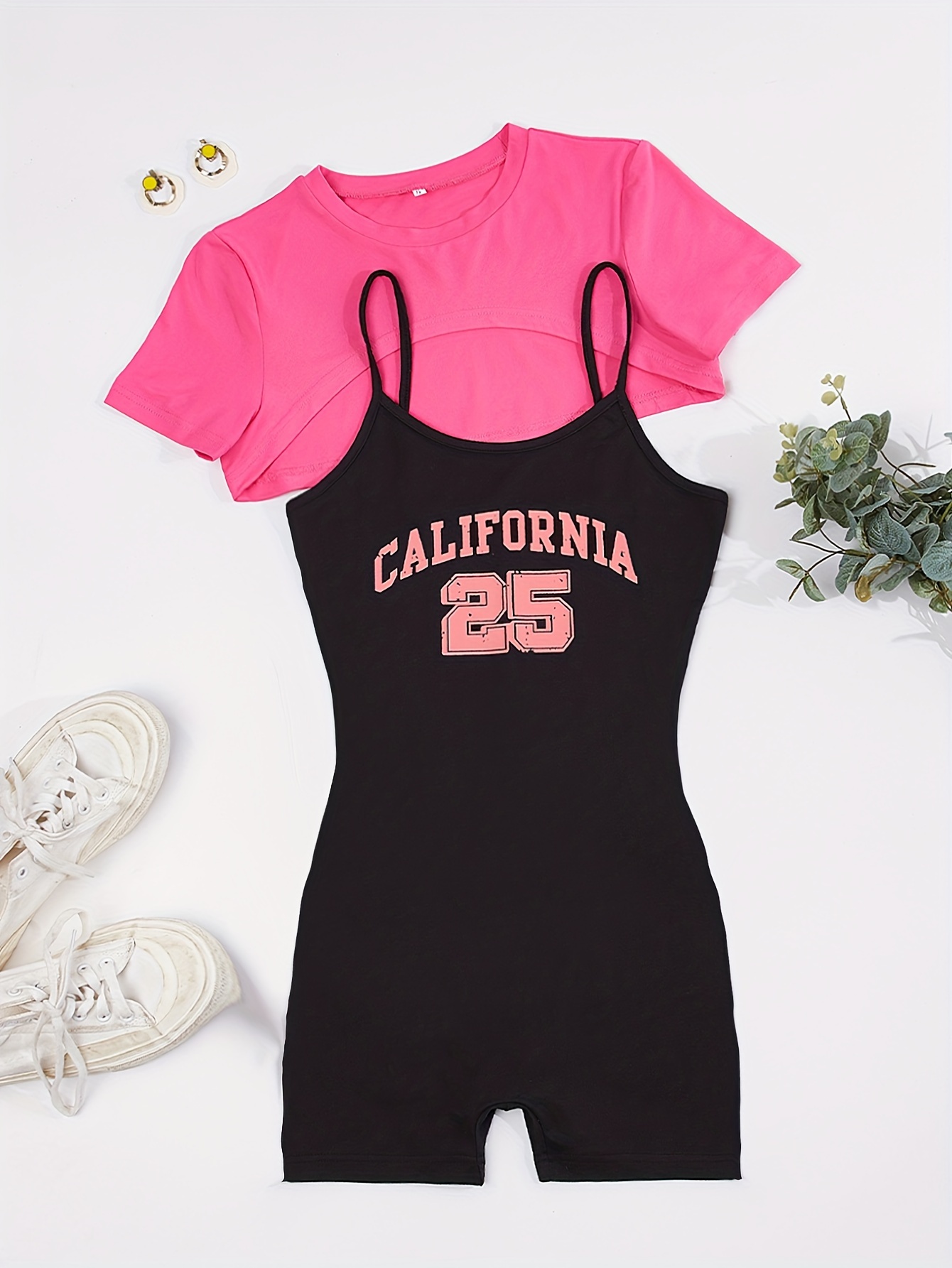 California Print Summer Casual Two piece Set Solid Color Temu