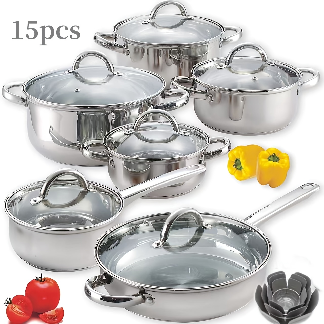 TEMU 15/10/1pc Kitchen Cookware Set, Pan Set Versatile, Multipurpose Pot Non Stick Frying Pan Set, Basic Stainless Steel Pots And Pans, Silvery