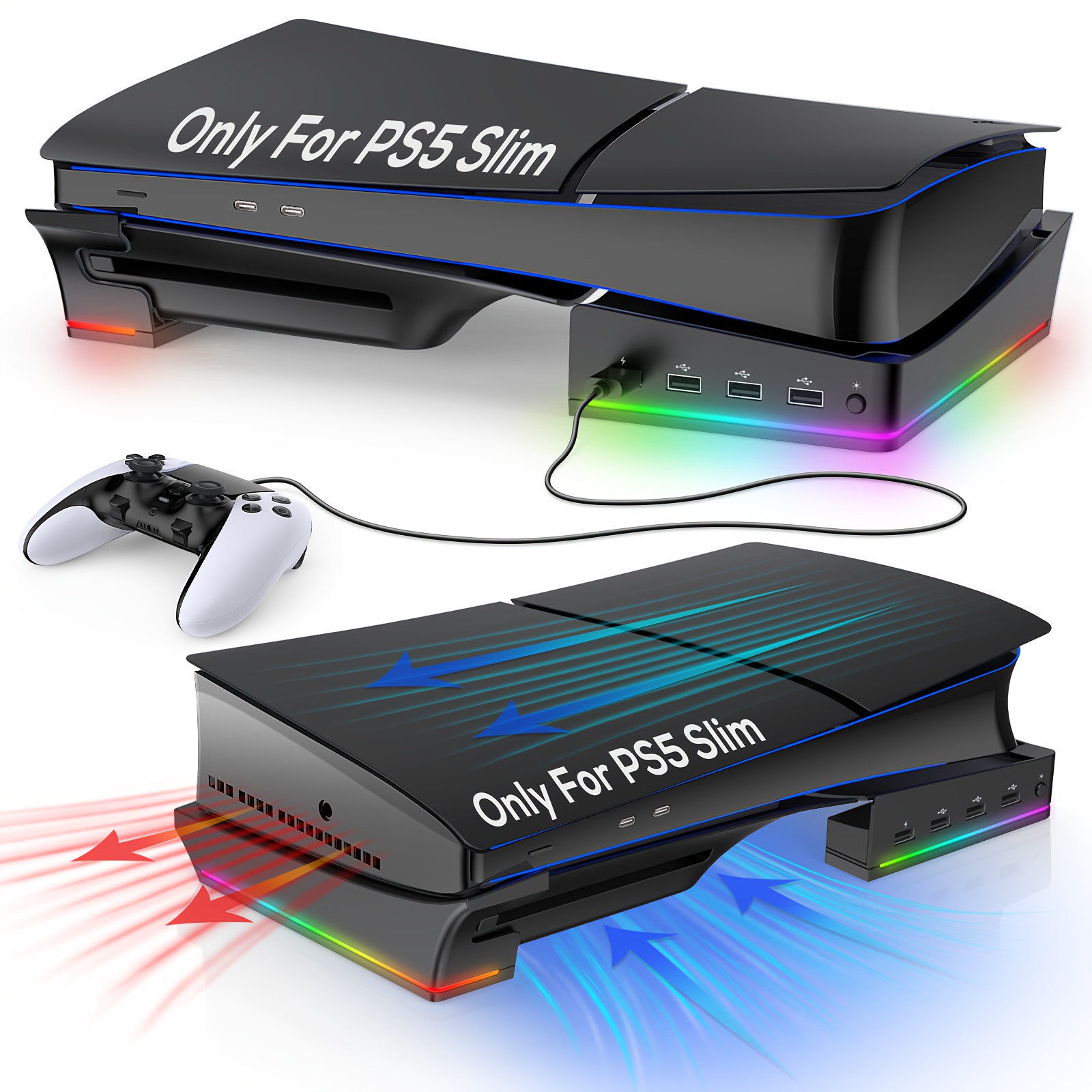 TEMU Rgb Horizontal Stand Accessories For Ps5 Slim Console With 4 Usb Hubs- Stand For Playstation 5 Slim-base Holder With 14 Lighting &fast Charging