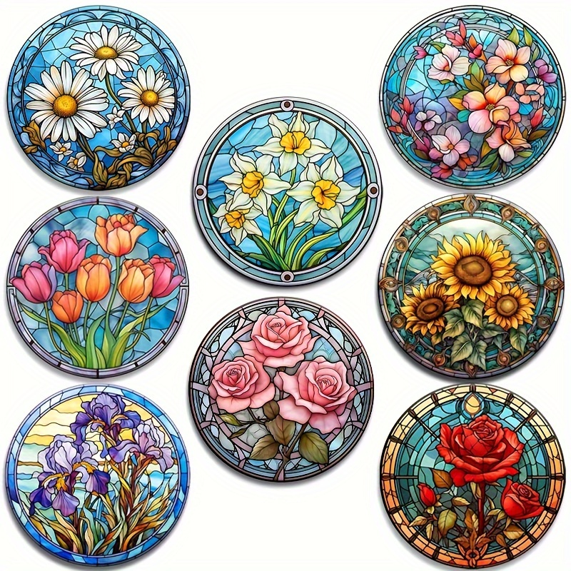 

8-piece Wooden Coaster Set With Floral Mosaic Designs For Cups, Mugs, And Beverages, Ideal For Home And Restaurant Decor, Perfect For Festive Gifts