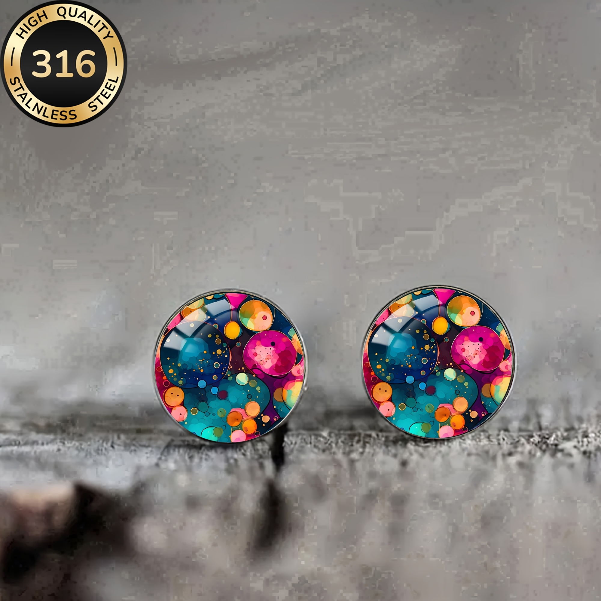 Image of 1 Pair Vibrant Colorful Bubble Stainless Steel Stud Earrings - Round Design With Multicolor Patterns, Unisex Fashion Jewelry For Casual Attire Or Gifts