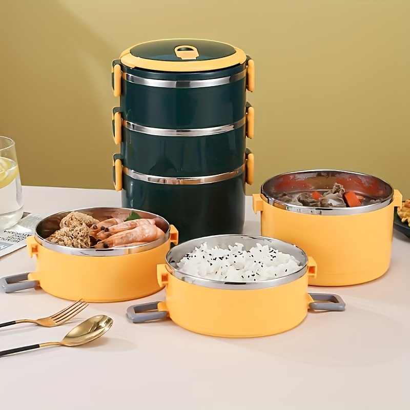 

1 Large 3-tier Stainless Steel Lunch Box With Insulated Compartments - Portable, Reusable, Ideal For Camping, Picnics & , Green & Yellow, Lunch Bag