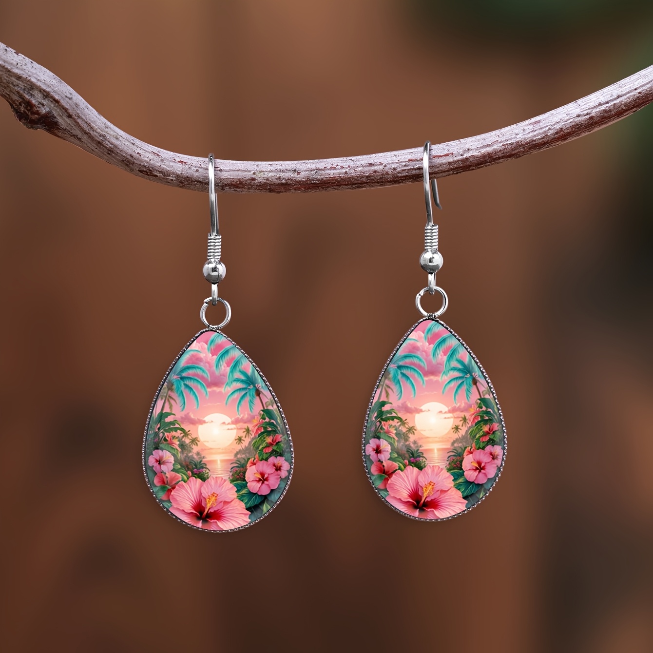 Bohemian Pink Sunset Floral Pattern Earrings, Unisex