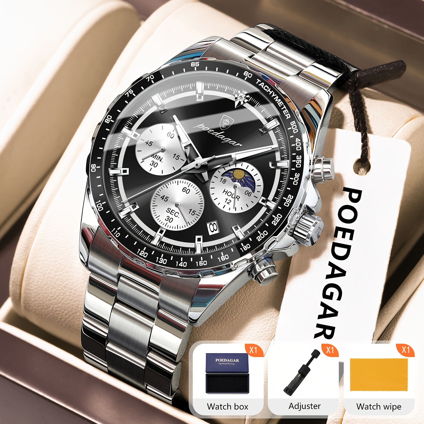 Image of Poedagar Classic Multifunction Men Watch Waterproof Luminous Chronograph 24 Hour Day Night Calendar Display Men Wristwatch Stainless Steel Quartz Men Watches