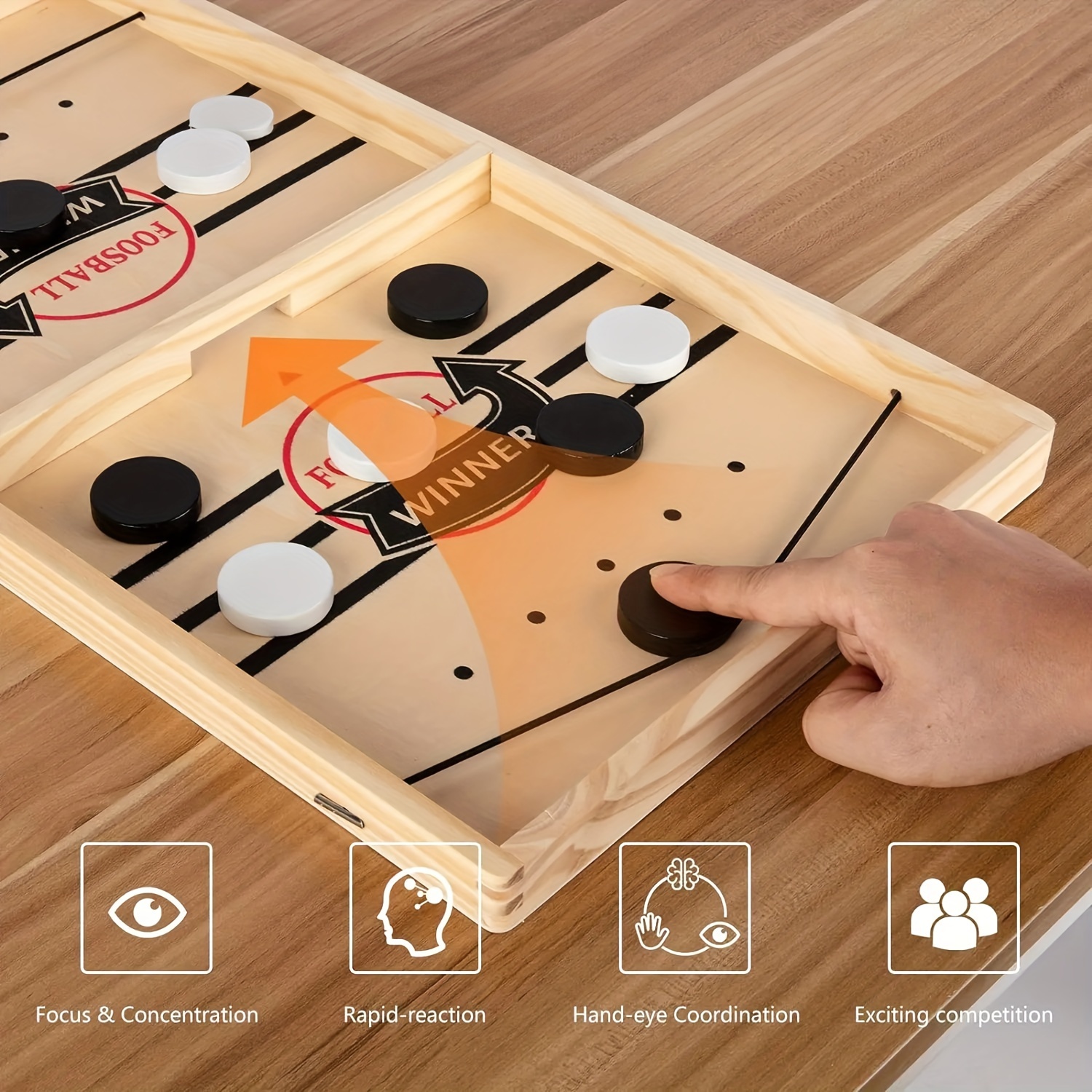 Fast Sling Puck Game - Exciting Wooden Tabletop Battle with Black & White Pucks for Quick Thinking & Reflexes, Interactive Desktop Foosball Game, Light Brown Frame