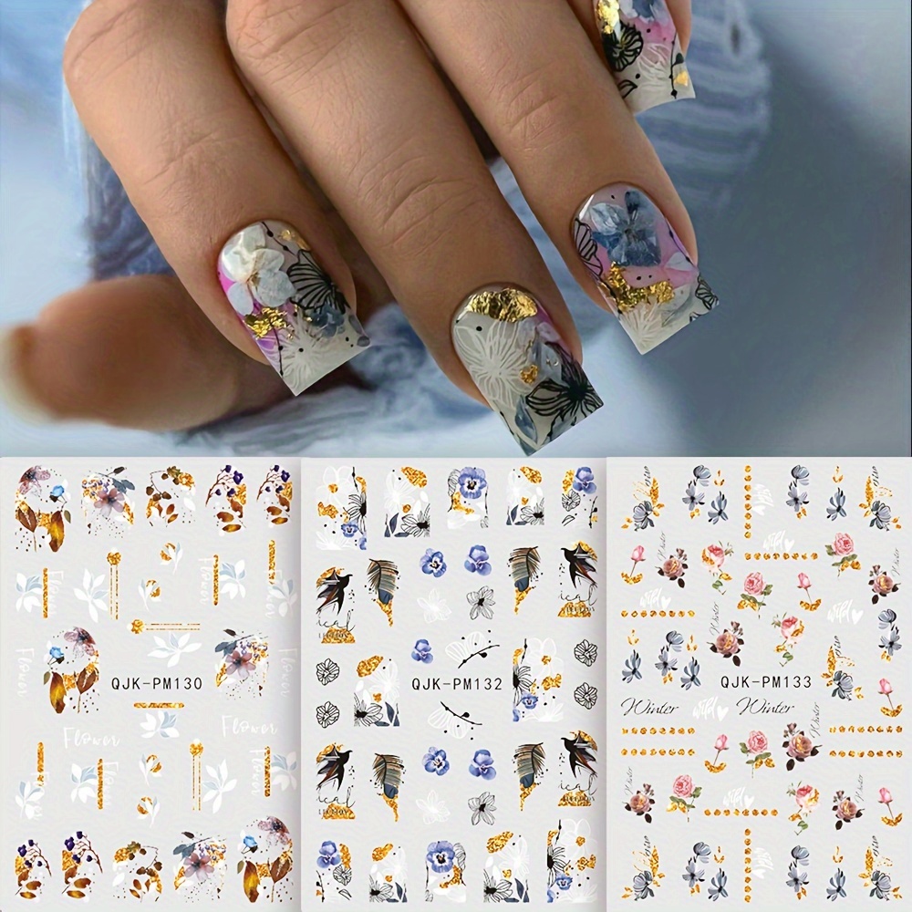 

6pcs Nail Art Stickers Set And Grass Glitter Wash Watercolor Flowers French Wreath Nail Stickers Self-adhesive Nail Art Supplies Acrylic Nail Decoration Set, Nail Art Supplies For Women And Girls