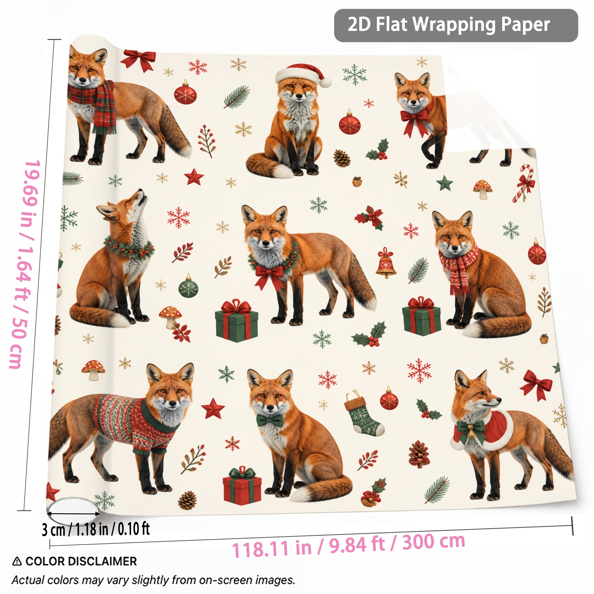 TEMU 1 Rouleau de Papier Cadeau Noël Motif Renard 1.64Ft X 9.84Ft, Papier d'Emballage Cadeau pour Fête d'Année, Anniversaire, Emballage Cadeau
