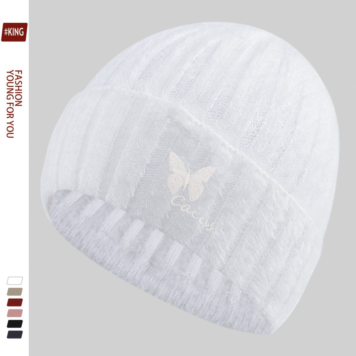 TEMU Bonnet 1 pièce Cacuss en peluche épaisse avec logo papillon, Casquette décontractée unisexe pour l'extérieur, et confortable, Bonnet tendance