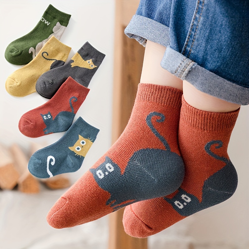 

5 Pairs Of Girl's Cartoon Animals Pattern Knitted Socks, Cotton Blend Comfy Breathable Soft Crew Socks For Outdoor Wearing
