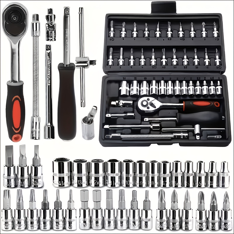 46pcs Ratchet Wrench Set, Metric, Extension Bar, Suitable For Automotive, Bicycle Repair Household, Plated Structure, Pre-assembled, Manual, Including Storage Box, Tool Kit