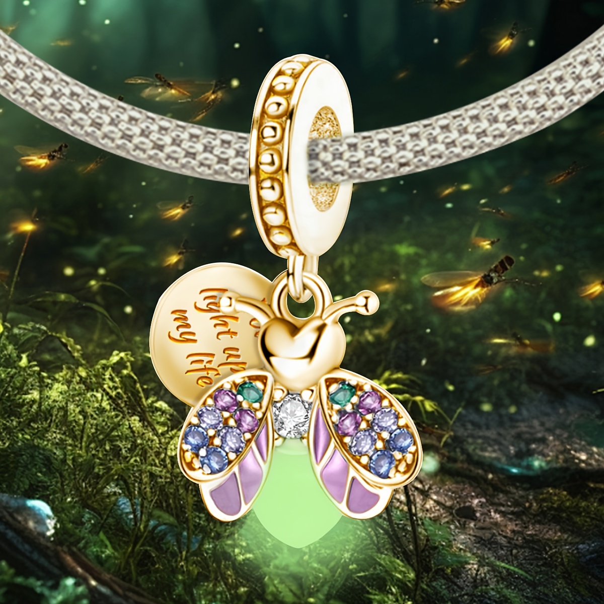 Glow in the Dark Firefly Charm, 100% 925 Sterling Silver Bracelet  Necklace Decoration, Light