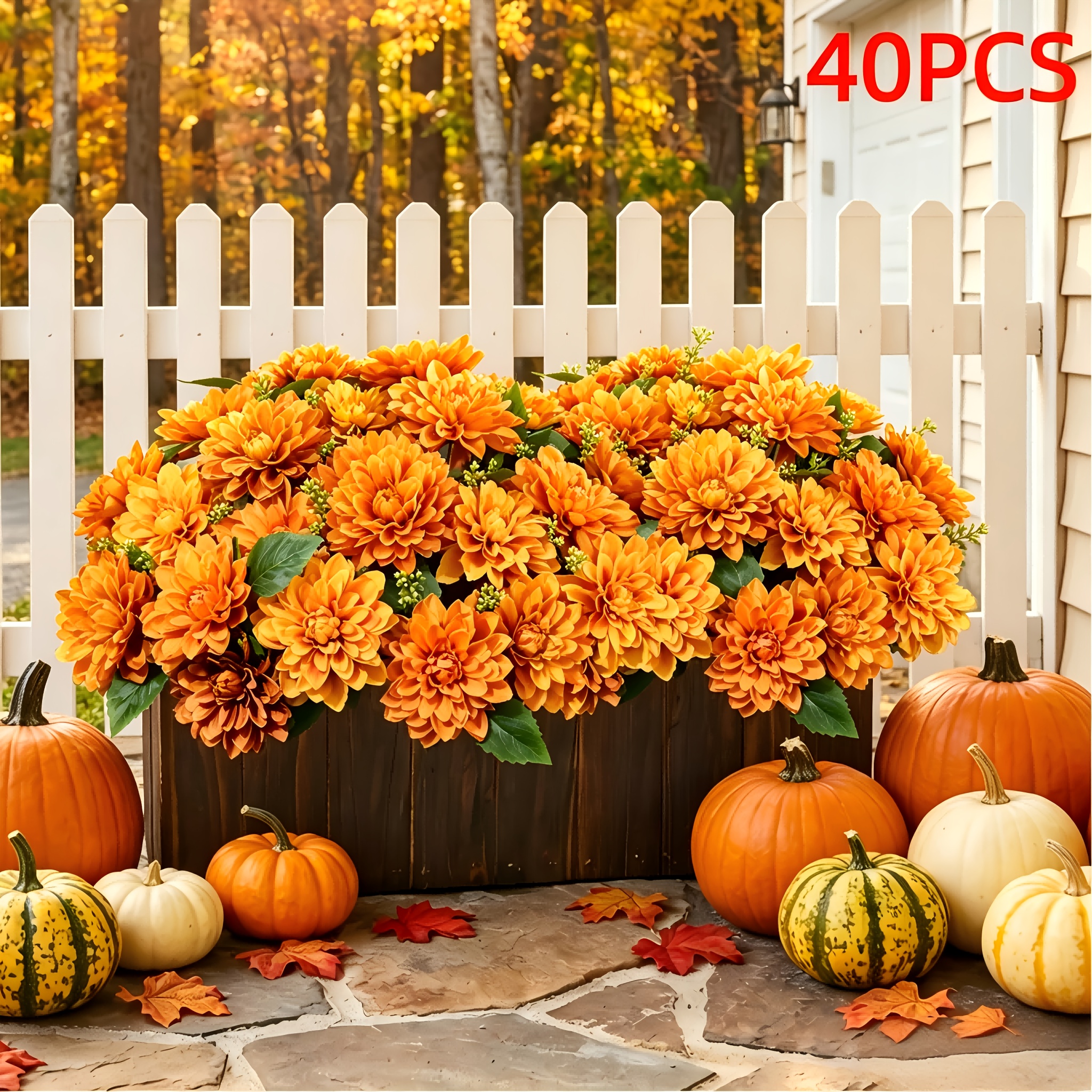 40pcs Artificial Fall Flowers Faux Mums For Outdoors, 8 Bundles Fake Mums For Outdoor Indoor Planters Home Table Autumn Decorations