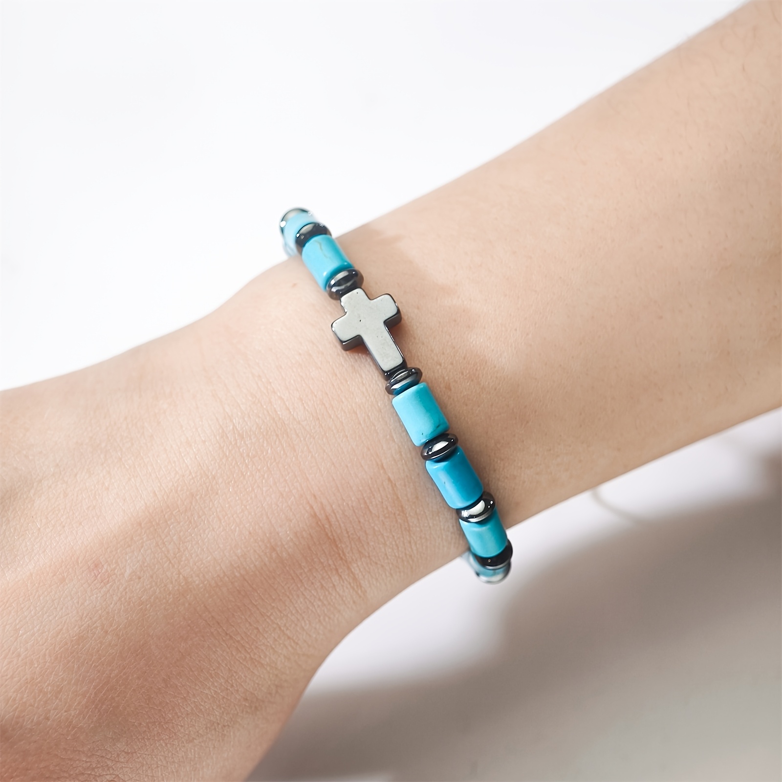 Beaded Bracelet with Cylindrical Stone Cross Element, Gift for Her