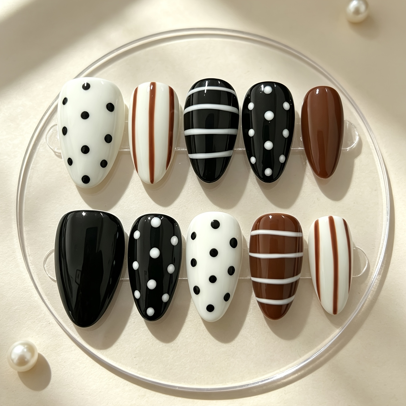 TEMU 10pcs Handmade Acrylic Press On Nails Set, Minimalist Geometric Black Fake Nails, Fall Winter Short Almond Nail Tips, Polka Dots Stripes Retro