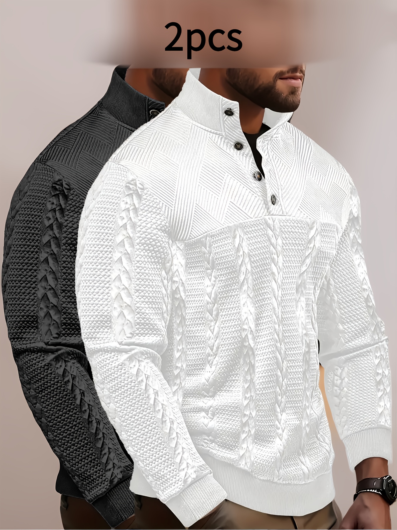 2pcs mens heavyweight button front sweatshirts solid color crewneck pullover sweaters long sleeve casual formal wear regular fit for everyday formal events knit sweater for men sweater for men high quality sweater for men high quality   white 0