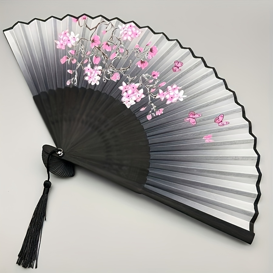 1pc elegant cherry   bamboo folding fan vintage style black to purple gradient tassel detail traditional chinese hanfu dance accessory portable handheld fan decorative gift for   for graduation season fan decoration traditional design durable fan