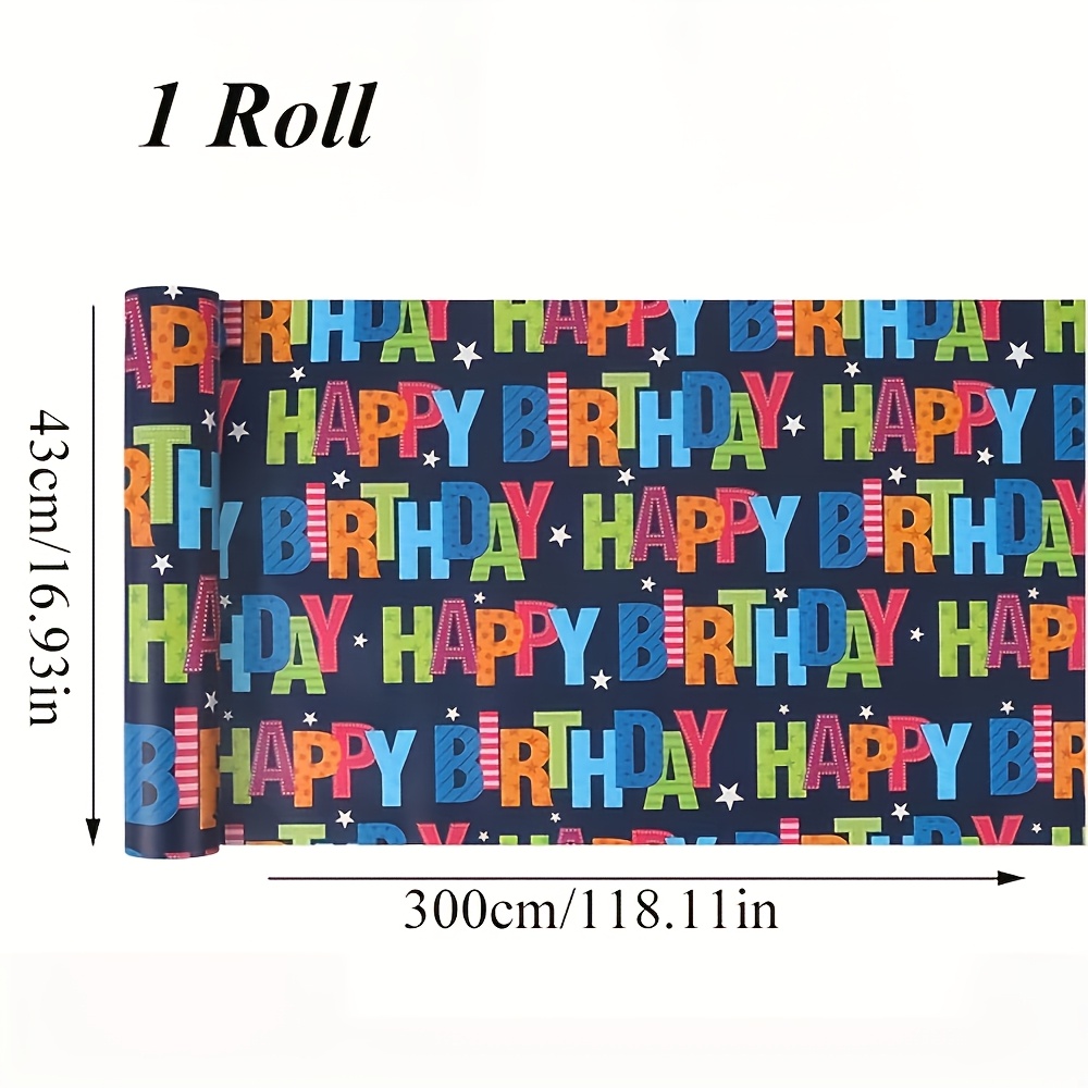 TEMU 1 Roll Extra Long Birthday Wrapping Paper Suitable For Birthdays - 118-inch Roll With Multicolor Happy Birthday Letters (pink, Blue, Yellow,