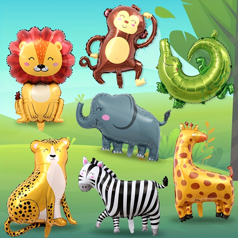 

7pcs Jungle Theme Animal Balloons, Cute Lion Leopard Giraffe Zebra Monkey Crocodile Elephant Polyester Foil Balloons, Helium Balloons, For Jungle Hunting Theme Birthday Party Eid Al-adha Mubarak