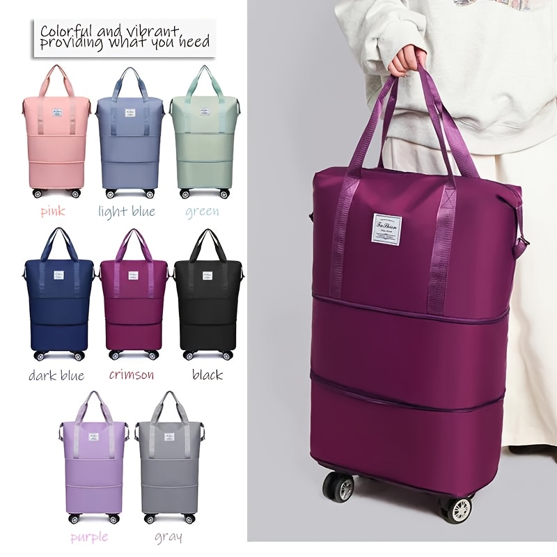 eine multifunktionale 50,01-liter reisetasche mit großem fassungsvermögen, faltbarem design und rollen, mit 3 erweiterbaren schichten, einem übergroßen fassungsvermögen, einem reisekoffer mit reißverschluss und einem festen schultergurt, und ist handwaschbar.