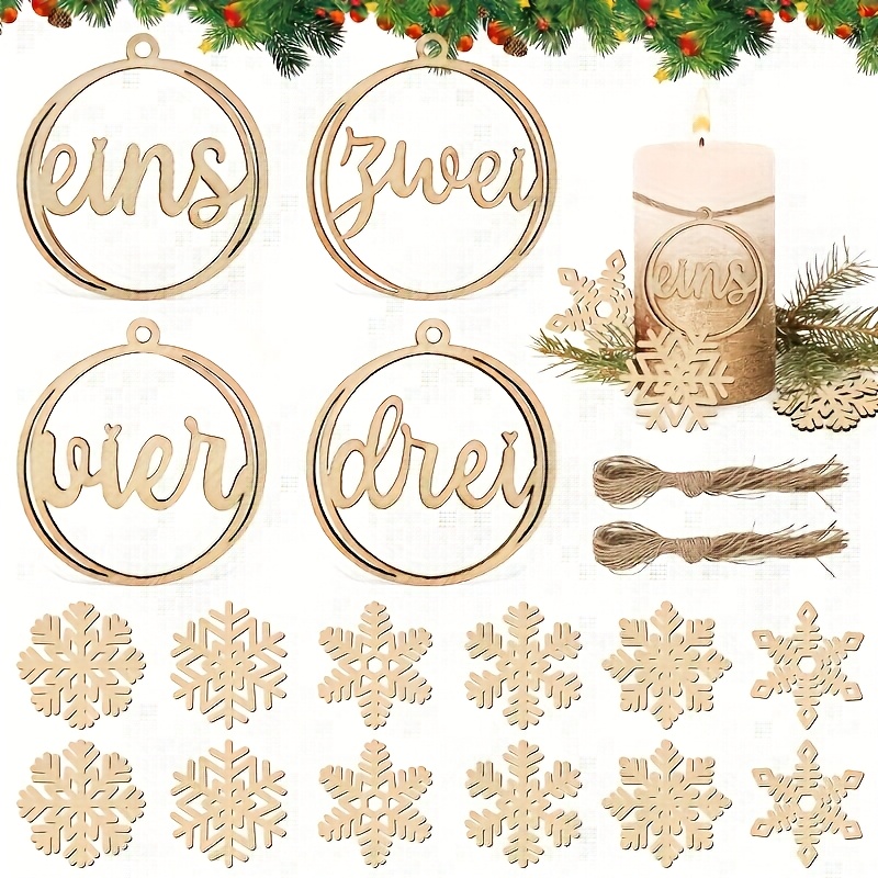 Image of Wooden Advent Calendar, 4pcs/10pcs/16pcs, Snowflake Christmas Tree Pendant, Advent Numbers 1 2 3 4, Christmas Ornaments, Wooden Ornaments With Jute Rope Wooden Pendants, Christmas Craft Decorations