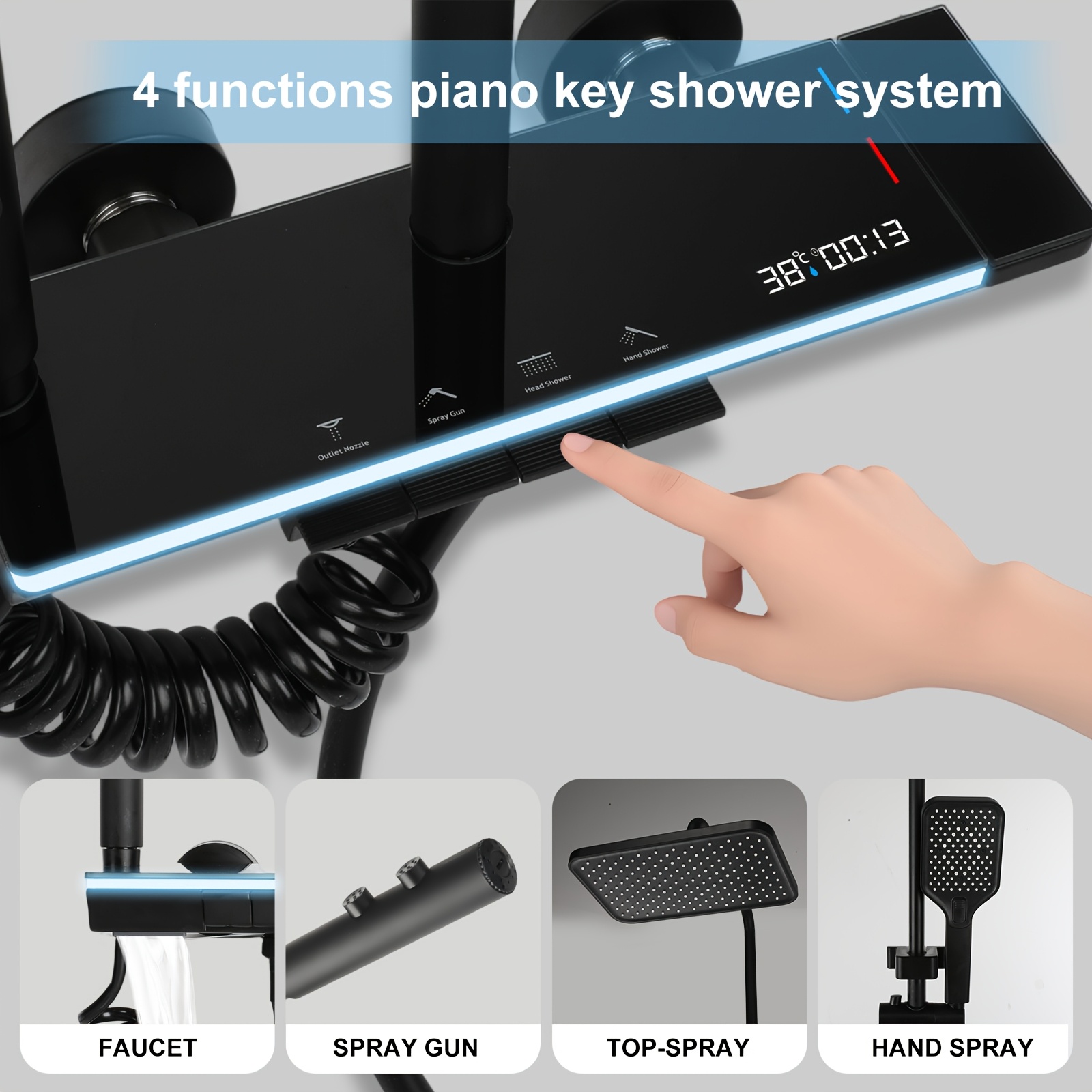 TEMU Black Shower Faucet Set With Head And Handheld Sprayer, 4 Water Outlet Bathroom Shower System, Adjustable Height Shower Combo With High-pressure