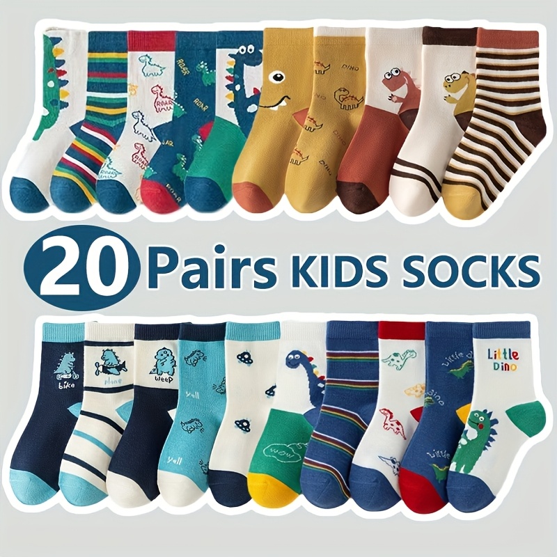 Image of 20-pack Kids' Cartoon Cute Dinosaur Mid-calf Socks For Boys, Trendy Toddler & Big Kids Socks, , Suitable 0-12