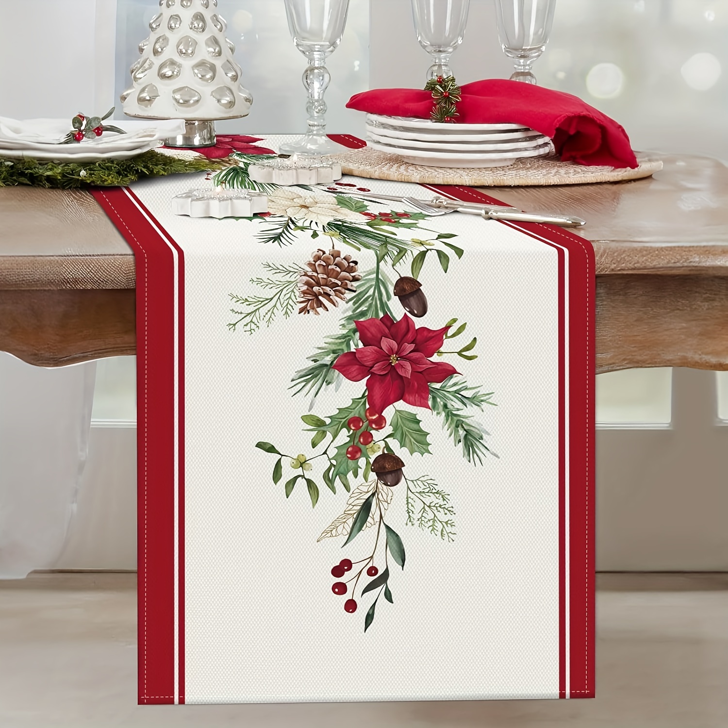 

Linen Christmas Table Runner - Woven Poinsettia Pine Branch Design For Indoor/outdoor Party Decor - Rectangle, 13x48/72/108 Inch