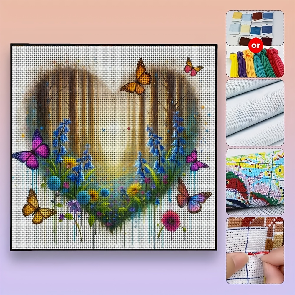 Printed Cross-Stitch DIY Kit "Heart-Shaped Forest Butterfly Flower"