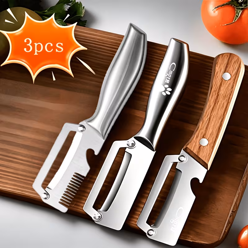 stainless steel peeler three piece set including wooden handle and models sharp are suitable for a of fruits and vegetables with shredding bottle opening functions durable and easy to clean details 0