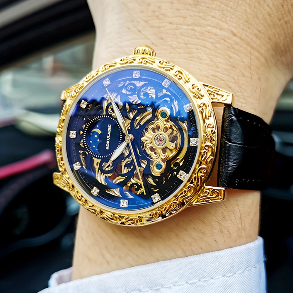 AOKULASIC 1pc Men Luxury Golden Skeleton Tourbillon Automatic Mechanical Watch for Men Luminous Hands Moon Phase Top Brand Black Faux Leather Strap Vintage Case Top Brand Business Casual Mens Watches Anniversary Christmas Valentine'S Day New Year Gifts, Without Battery